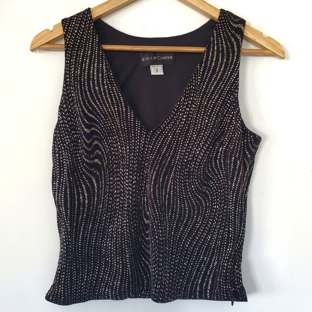 90s JESSICA McCLINTOCK M Metallic Gold Silver Sleeveless V Neck Short Top Rave